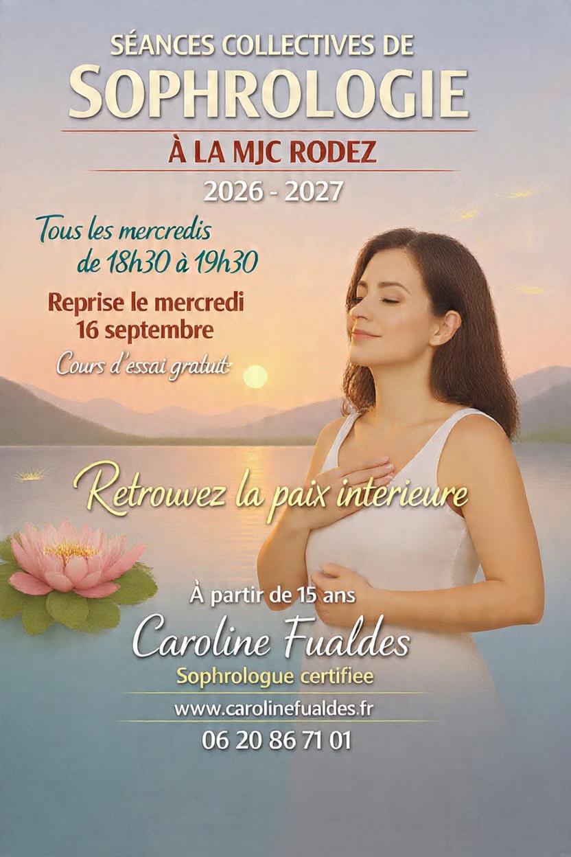 Cours de SOPHROLOGIE à la MJC de Rodez : reprise le mercredi 16 septembre 2026 de 18h30 à 19h30.